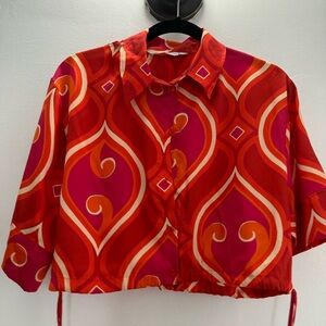 Zara Red 3/4 Sleeve Cropped Button Down Shirt
